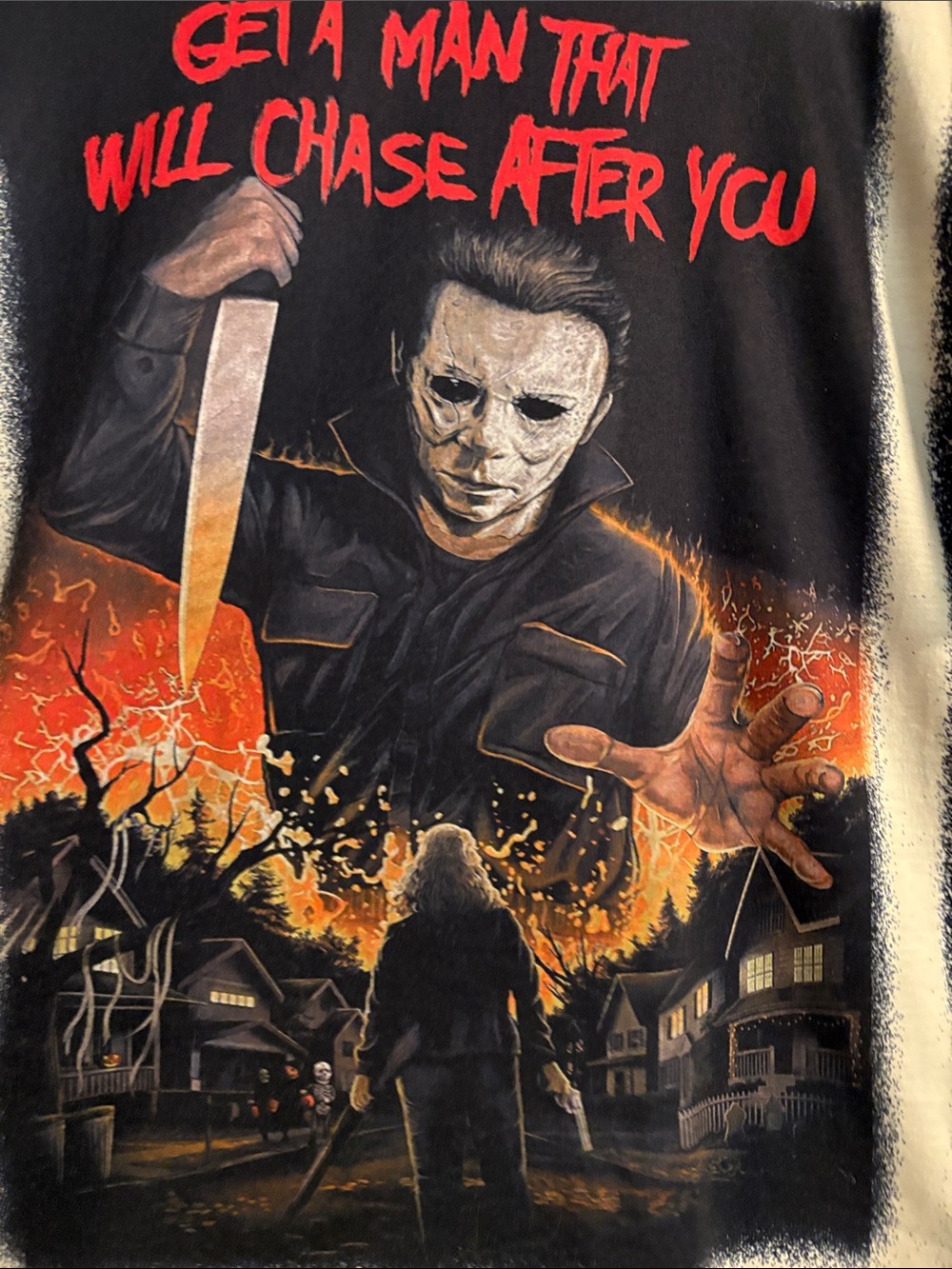 Michael Myers Horror Graphic Tee with Red Flame Artwork